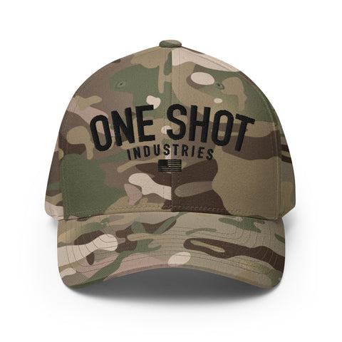 One Shot Industries Logo - Black on Camo Flexfit